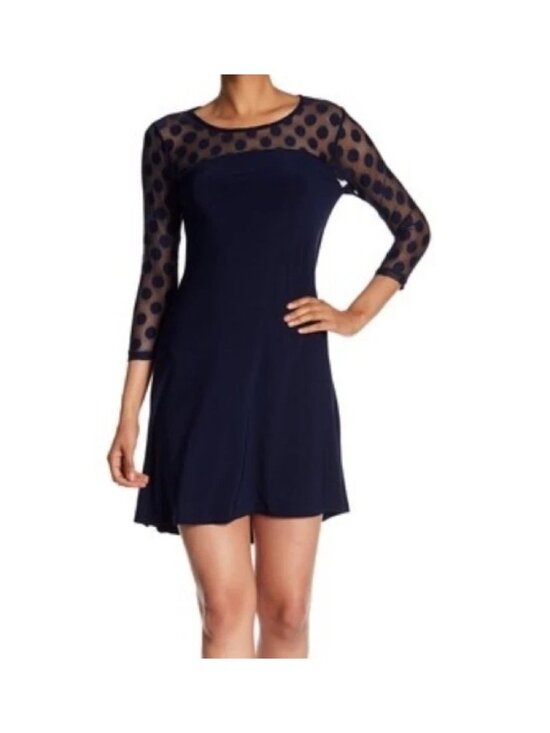 Nina Leonard Dresses & Skirts - Nina Leonard Illusion Swing Dress Size Medium High Low 3/4 Sleeve Polka Dot NEW